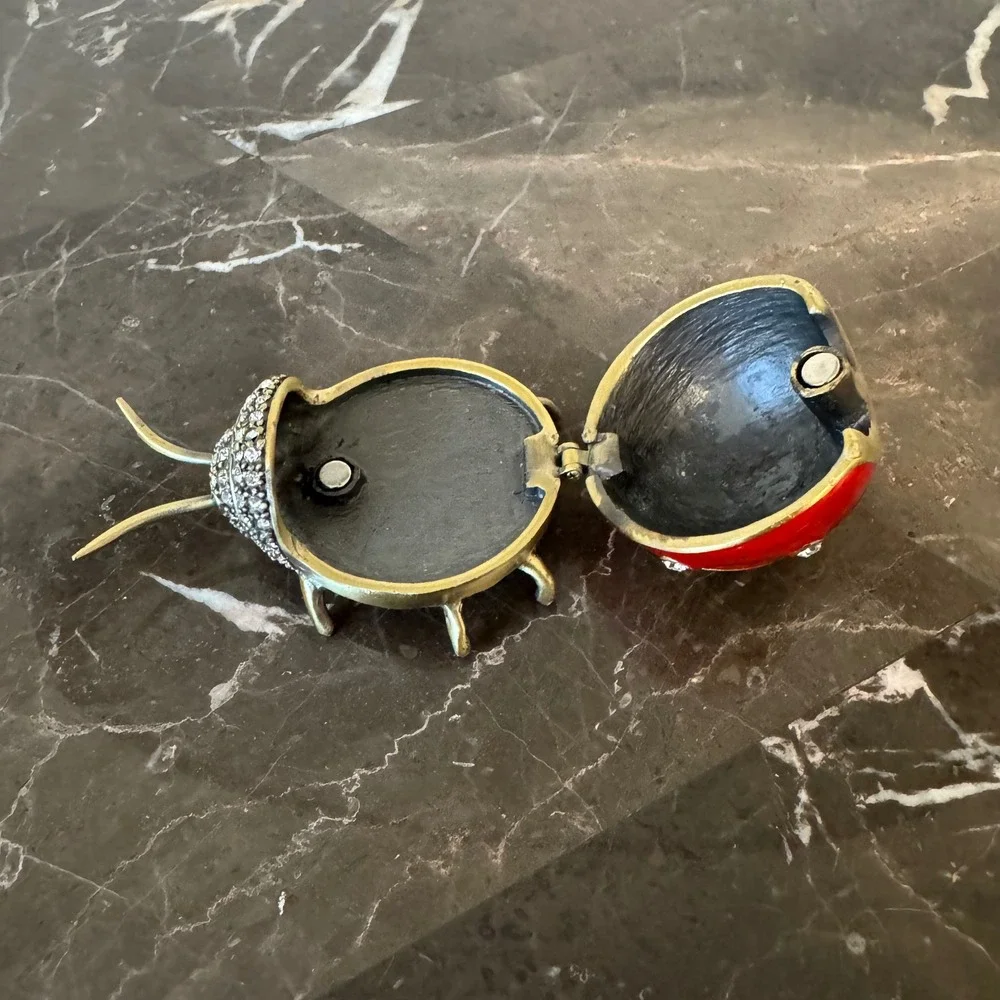 Ladybug Enameled Hinged Trinket Box Crystal Accented Red Black Gold Tone Metal